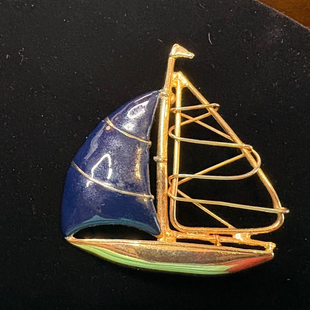 Vintage Gold Tone Navy Blue Enamel Sailboat Brooch Nautical Sailing Pin 2 Inch